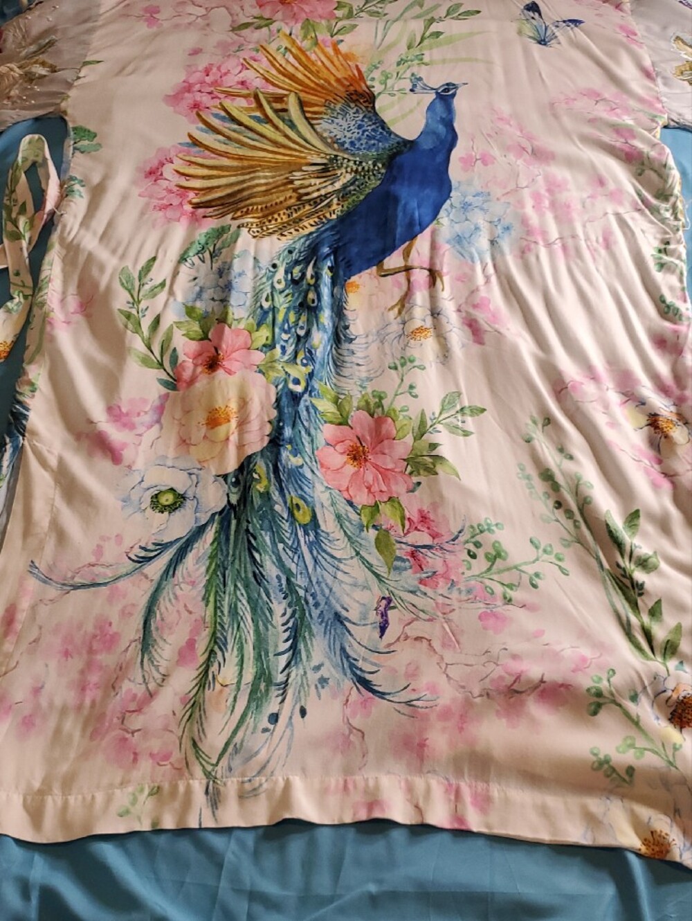 Aratta Satin Peacock Kimono Robe in Blue, Green, Pink - Picture 6 of 10